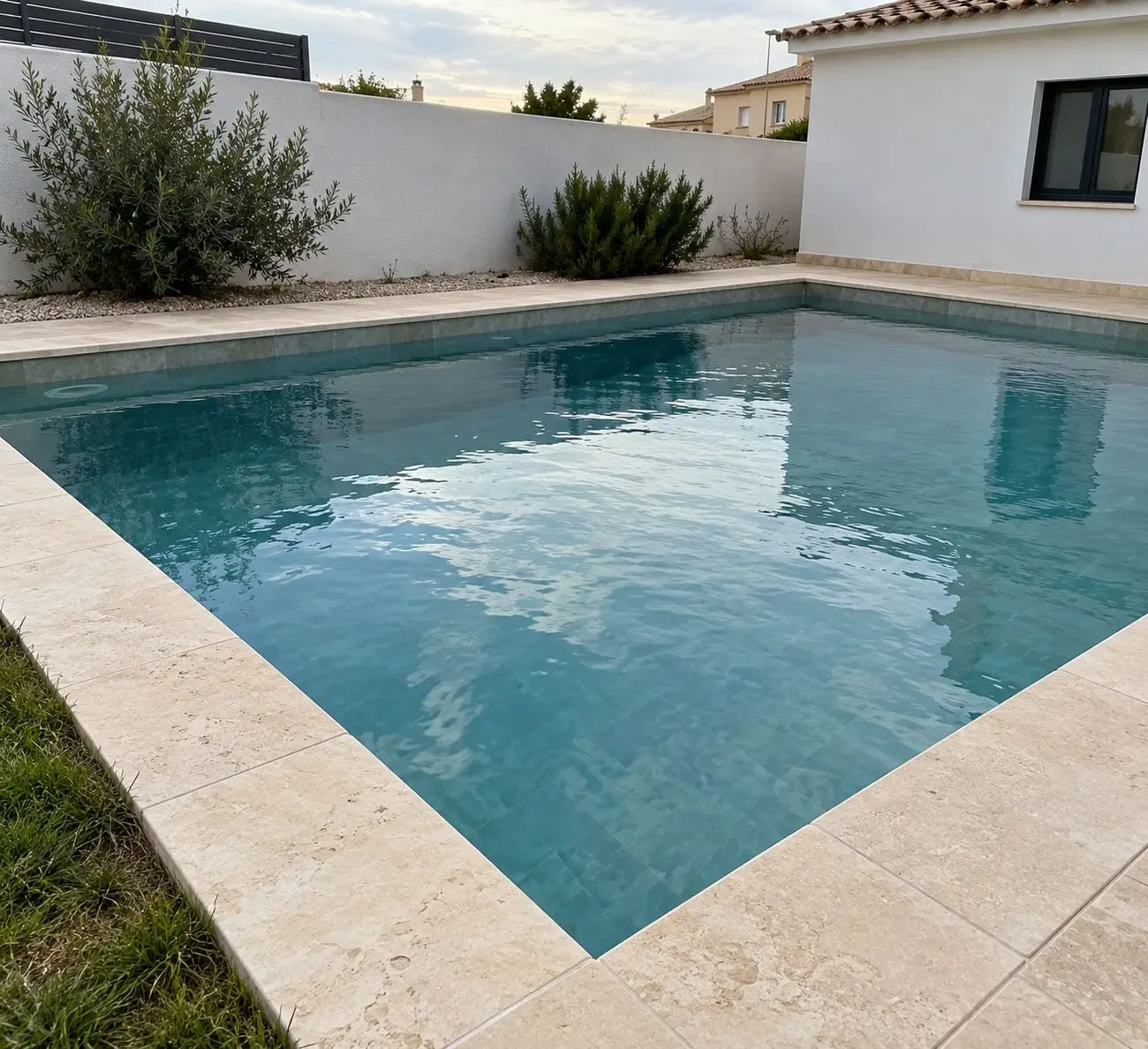 Piscina con coronación y playa de porcelánico efecto travertino, ya colocada