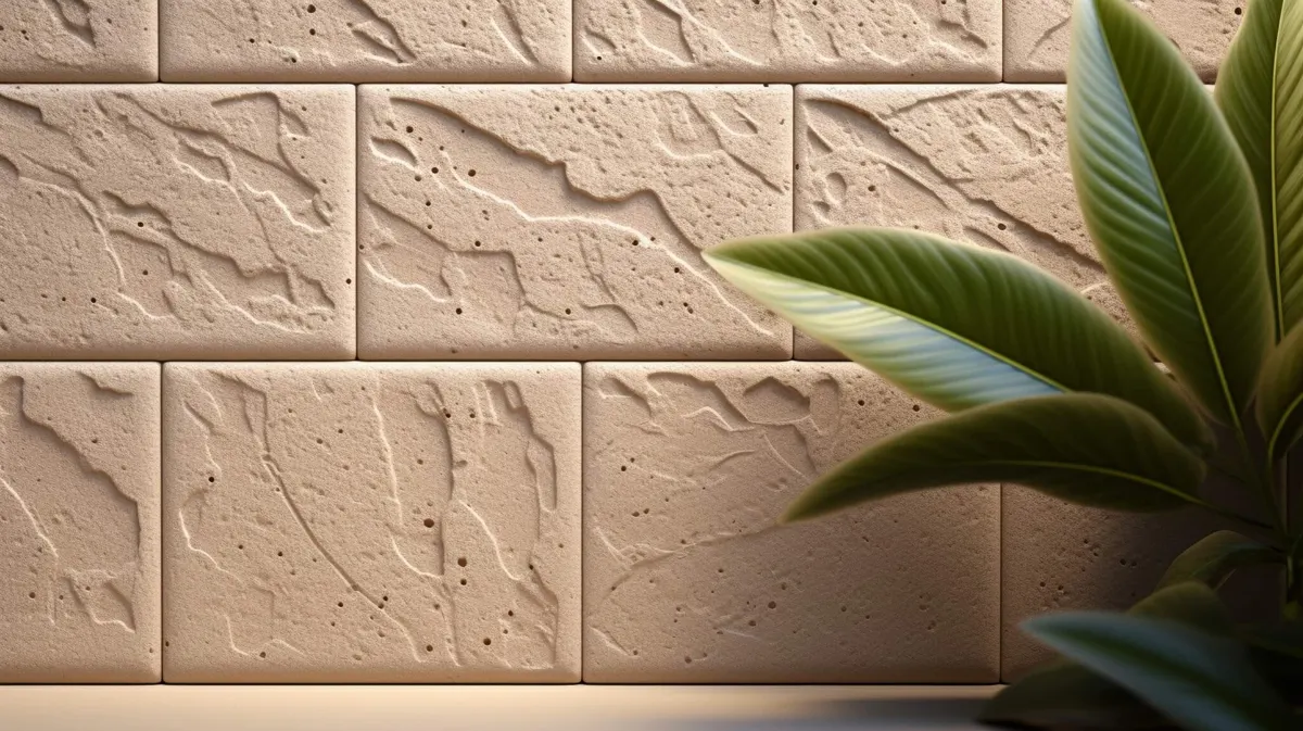 Pared de azulejo con relieve de piedra natural junto a una planta