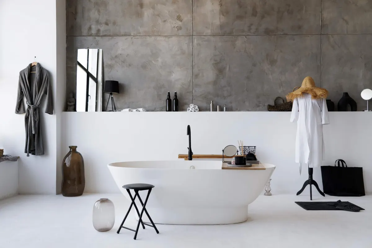 Baño de estilo industrial con paredes efecto cemento y bañera exenta blanca