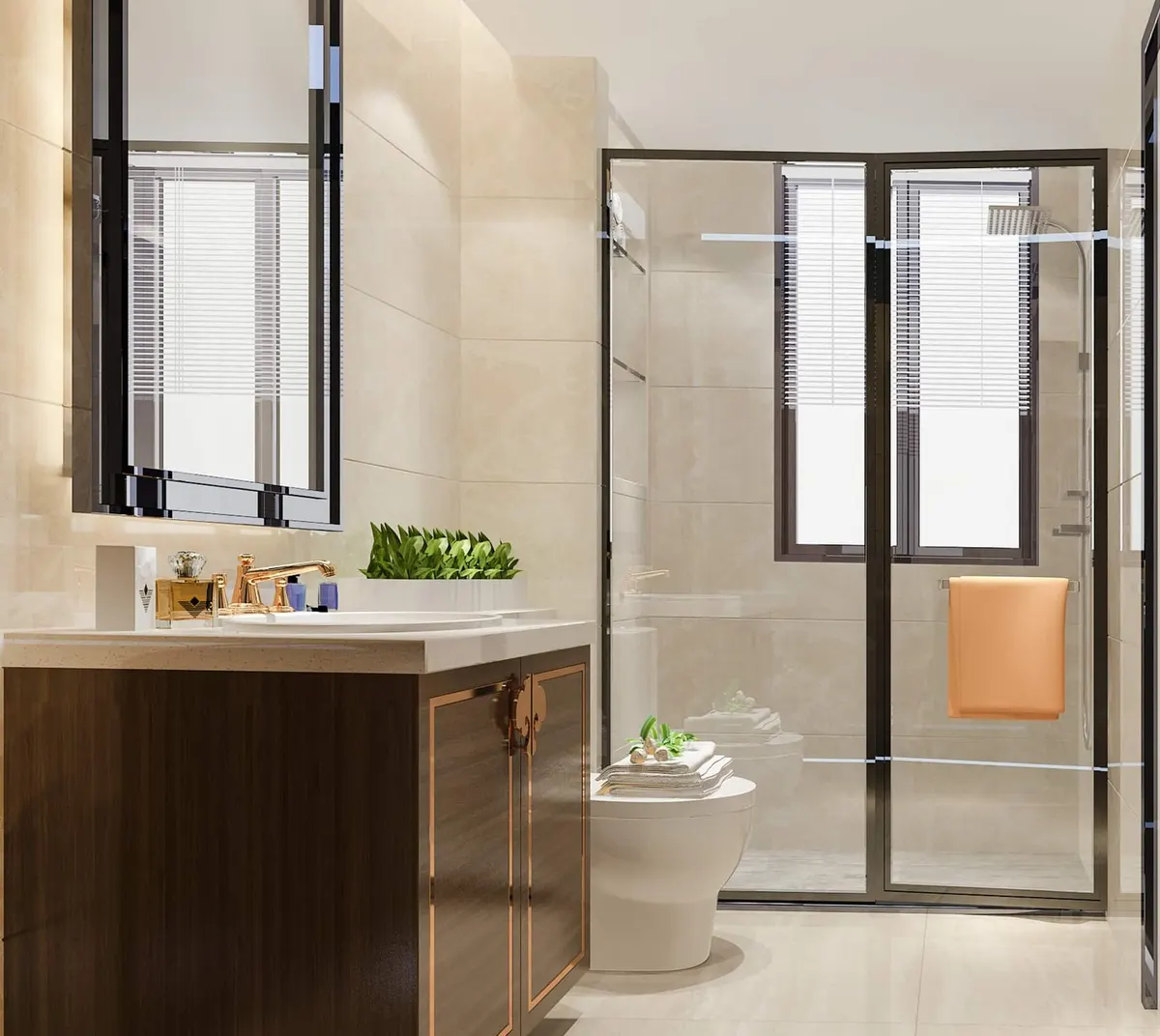 Baño minimalista revestido con porcelánico de gran formato en tono beige