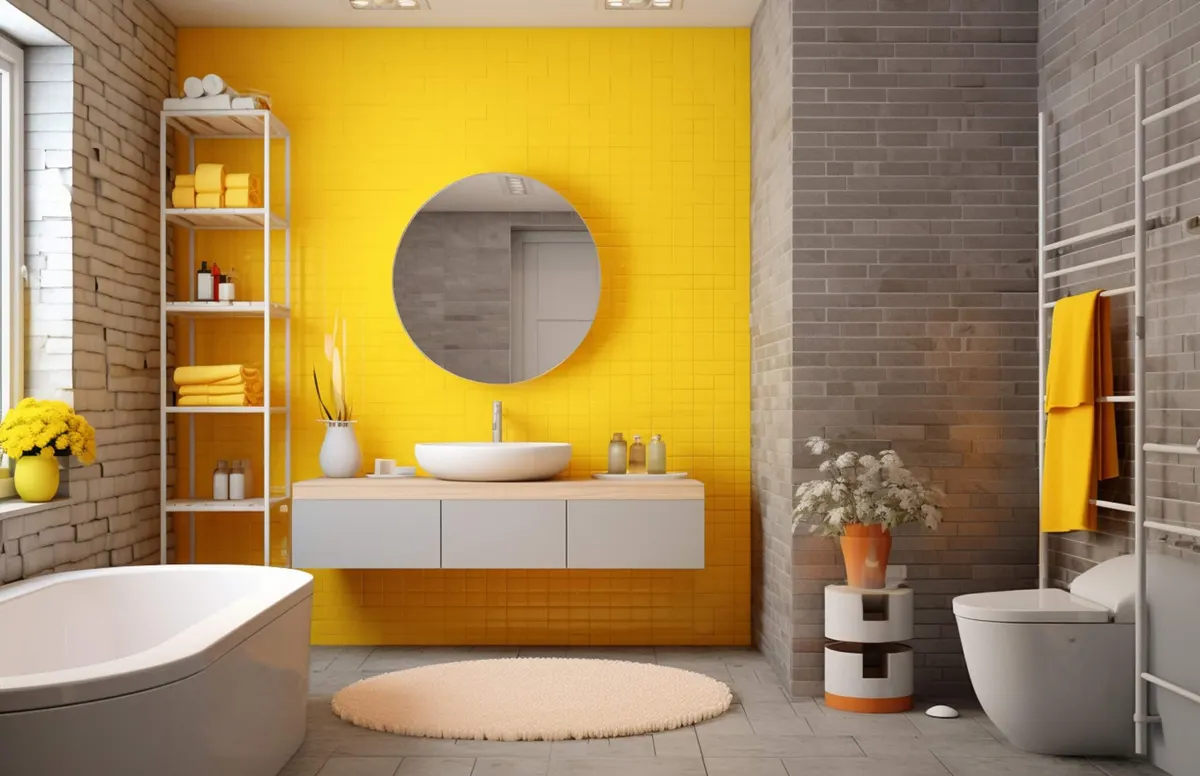 Baño moderno con pared de azulejo amarillo y ladrillo gris