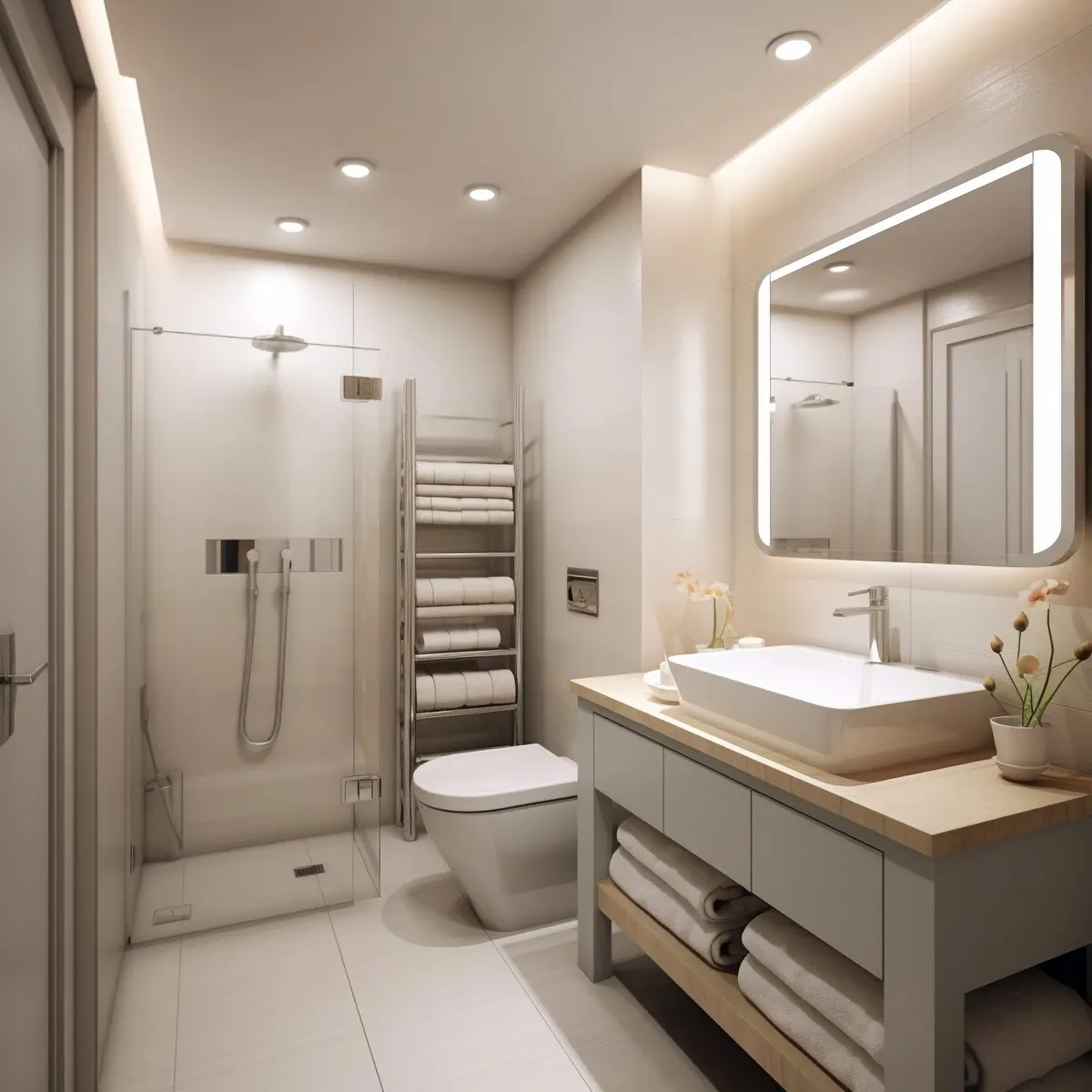 Baño pequeño y moderno con ducha de obra, mueble suspendido y azulejo claro