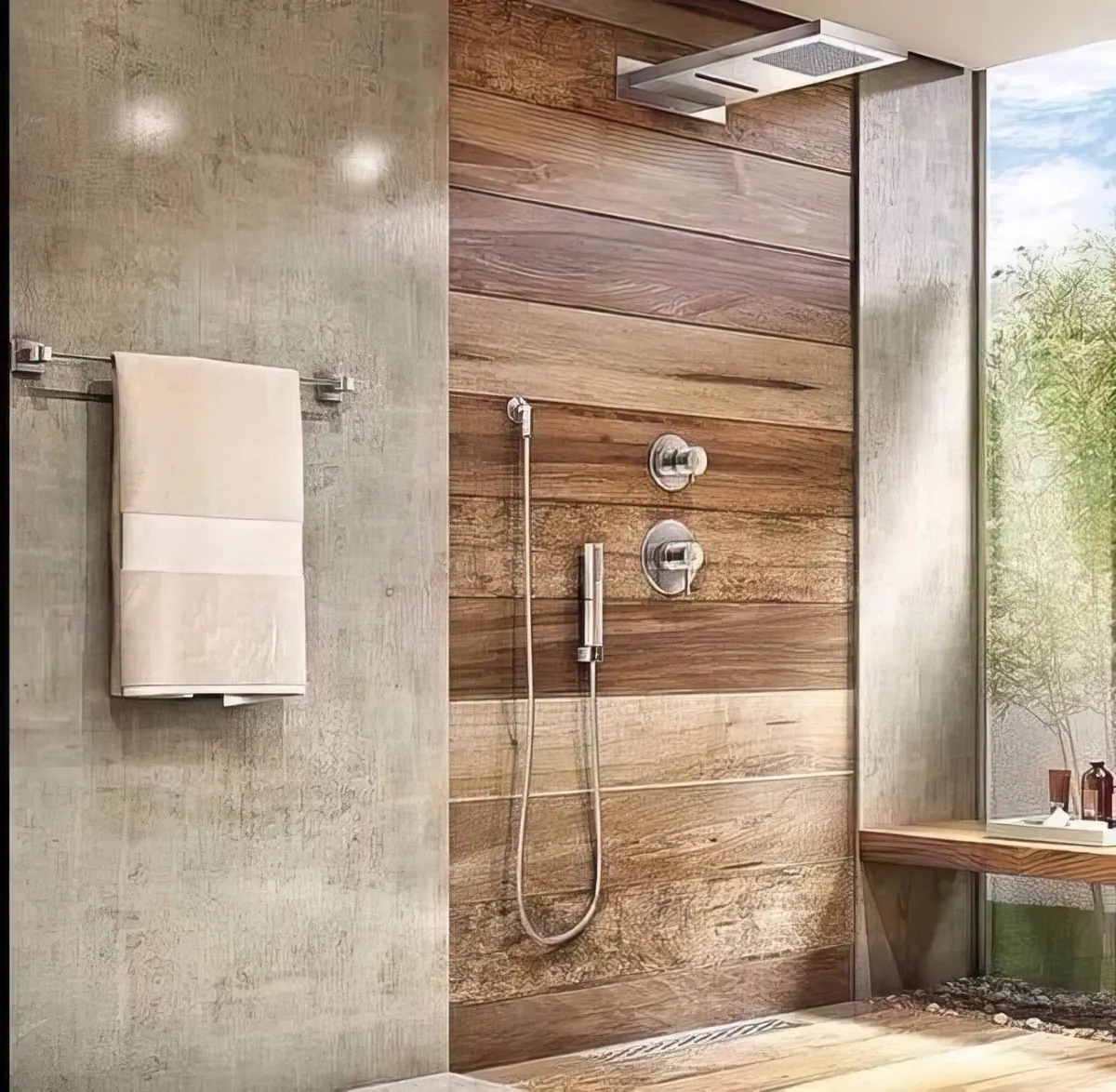 Ducha con pared de porcelánico efecto madera junto a revestimiento efecto cemento