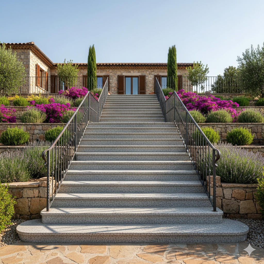 Escalera exterior con peldaños de piedra natural